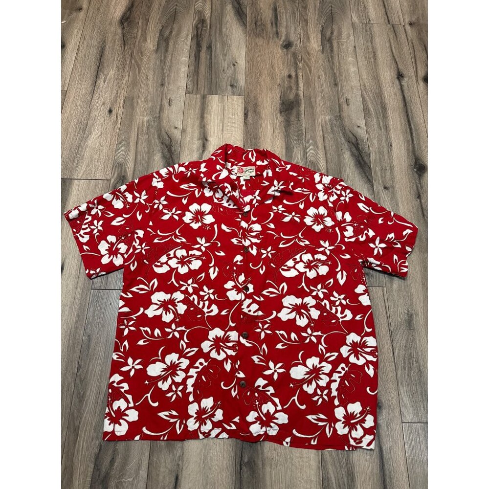 Vintage Red Hawaiian Shirt 2XL By Hilo Hattie With White Floral Print & Button F